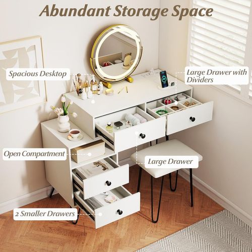 Coiffeuse Avec Miroir Et Tabouret,lumière Et Luminosité Réglable,station De Charge,98 X 40 X 120cm