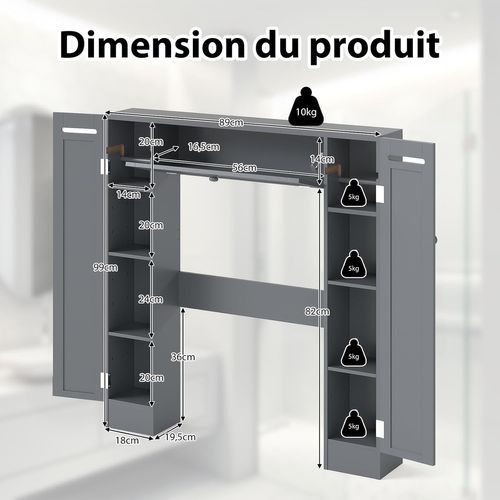 Meuble Wc Au-dessus Des Toilettes, Etagère De Rangement De Salle De Bains(19,5 X 89 X 99 Cm,gris)
