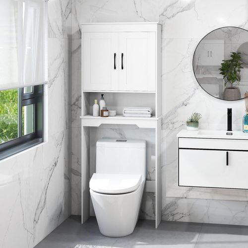 Meuble Toilette Étagère Wc,168 Cm De Hauteur,2 Portes,compartiments Ouverts,étagère Réglable,blanc