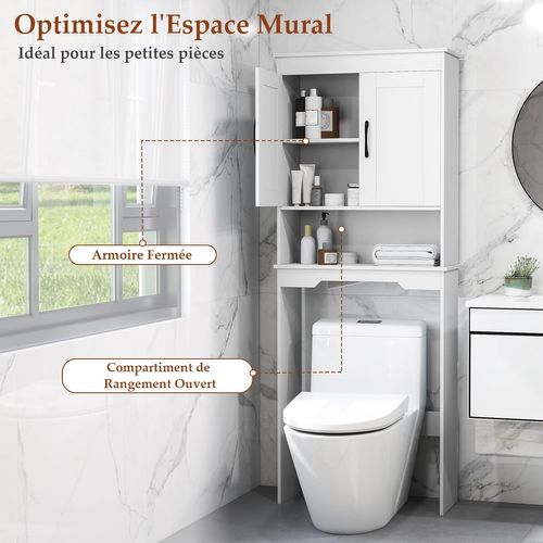 Meuble Toilette Étagère Wc,168 Cm De Hauteur,2 Portes,compartiments Ouverts,étagère Réglable,blanc