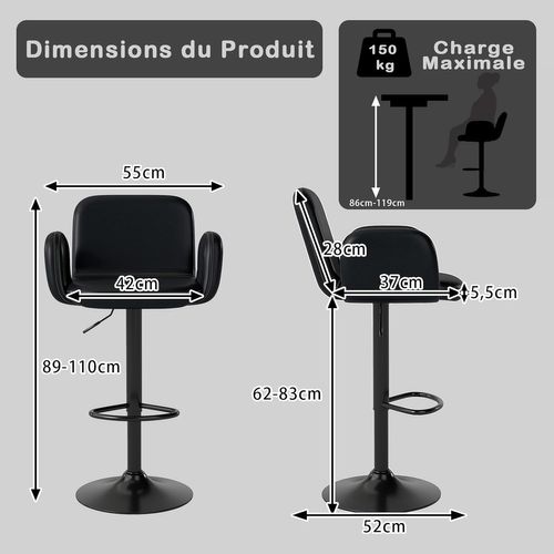 Lot De 2 Tabourets De Bar Pivotants, Chaises De Bar En Pu Avec Hauteur Réglable(noir)