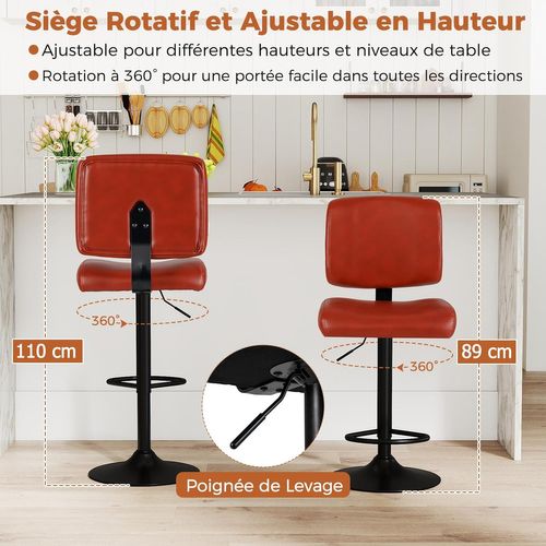 Lot De 2 Tabourets Bar, Chaises De Bar En Pu Avec Dossier, Hauteur Réglable