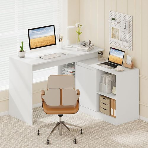 Bureau D'ordinateur En Forme De L,bureau D'angle Réversible Avec Armoire à 4 Compartiments,blanc