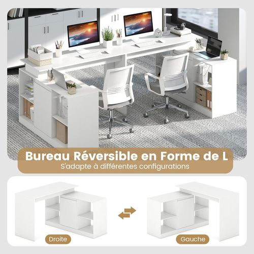 Bureau D'ordinateur En Forme De L,bureau D'angle Réversible Avec Armoire à 4 Compartiments,blanc