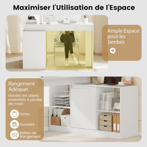 Bureau D'ordinateur En Forme De L,bureau D'angle Réversible Avec Armoire à 4 Compartiments,blanc