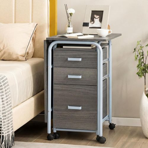 Bureau Pliable Avec 3 Tiroirs,table D'écriture Roues Verrouillables,bureau à Domicile Roulant(gris)