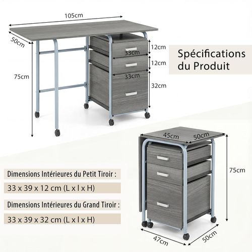 Bureau Pliable Avec 3 Tiroirs,table D'écriture Roues Verrouillables,bureau à Domicile Roulant(gris)
