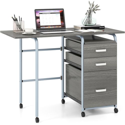 Bureau Pliable Avec 3 Tiroirs,table D'écriture Roues Verrouillables,bureau à Domicile Roulant(gris)