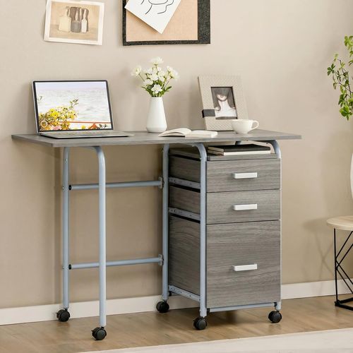 Bureau Pliable Avec 3 Tiroirs,table D'écriture Roues Verrouillables,bureau à Domicile Roulant(gris)