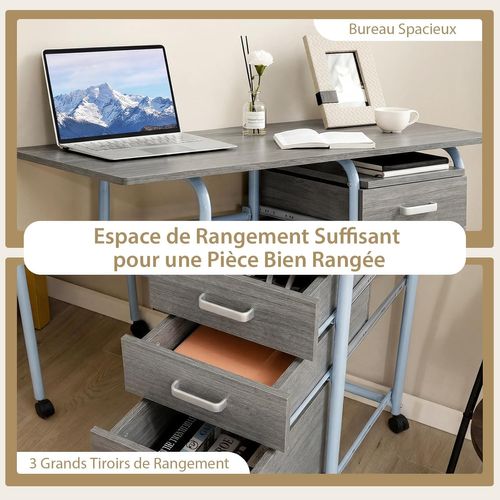 Bureau Pliable Avec 3 Tiroirs,table D'écriture Roues Verrouillables,bureau à Domicile Roulant(gris)