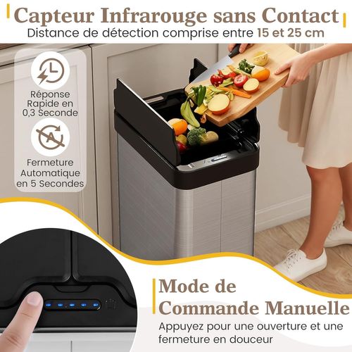 Poubelle Cuisine Automatique 60 L,poubelle En Acier Inoxydable,capteur Mouvement Infrarouge(argent)