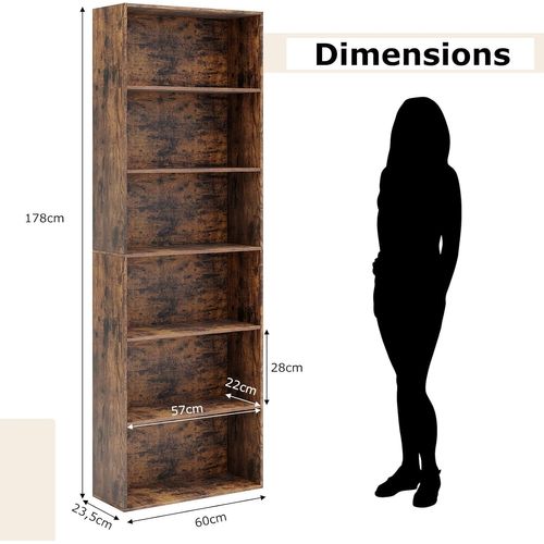 Bibliothèque, Étagère Ouverte 6 Niveaux, Range-livres Au Sol, 178 Cm De Haut(marron Rustique)