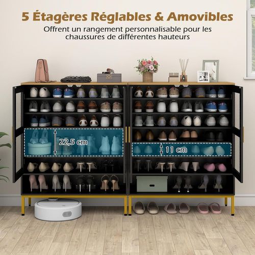 Meuble Chaussure, Armoire à Chaussures à 7 Niveaux Avec Portes En Maille, 5 Étagères Réglables,noir