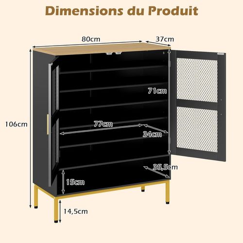 Meuble Chaussure, Armoire à Chaussures à 7 Niveaux Avec Portes En Maille, 5 Étagères Réglables,noir
