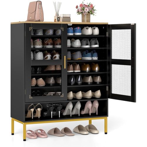 Meuble Chaussure, Armoire à Chaussures à 7 Niveaux Avec Portes En Maille, 5 Étagères Réglables,noir