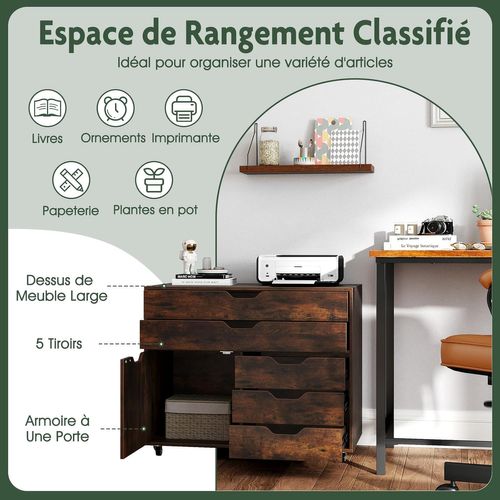 Caisson Bureau à Roulettes 5 Tiroirs,étagère Réglable,5 Roues Avec 2 Frein,marron Rustique