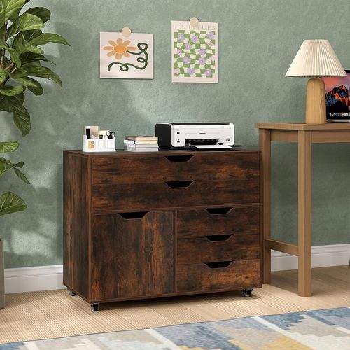 Caisson Bureau à Roulettes 5 Tiroirs,étagère Réglable,5 Roues Avec 2 Frein,marron Rustique
