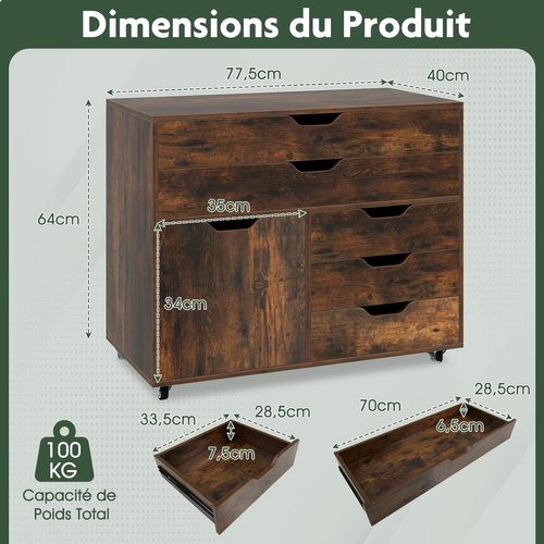 Caisson Bureau à Roulettes 5 Tiroirs,étagère Réglable,5 Roues Avec 2 Frein,marron Rustique
