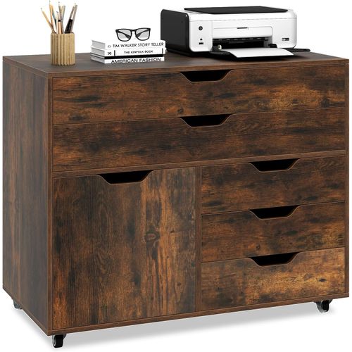 Caisson Bureau à Roulettes 5 Tiroirs,étagère Réglable,5 Roues Avec 2 Frein,marron Rustique