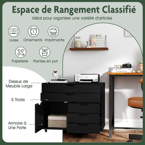 Caisson Bureau à Roulettes 5 Tiroirs,étagère Réglable,5 Roues Avec 2 Frein,noir