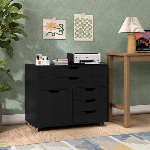 Caisson Bureau à Roulettes 5 Tiroirs,étagère Réglable,5 Roues Avec 2 Frein,noir