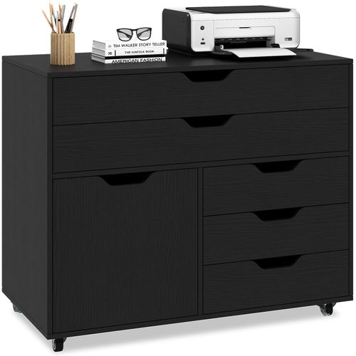 Caisson Bureau à Roulettes 5 Tiroirs,étagère Réglable,5 Roues Avec 2 Frein,noir