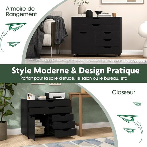 Caisson Bureau à Roulettes 5 Tiroirs,étagère Réglable,5 Roues Avec 2 Frein,noir