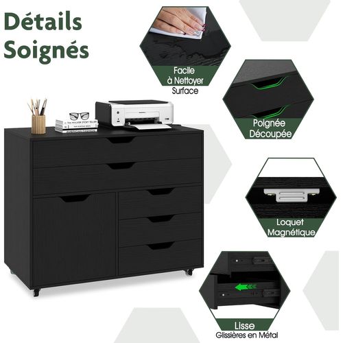 Caisson Bureau à Roulettes 5 Tiroirs,étagère Réglable,5 Roues Avec 2 Frein,noir