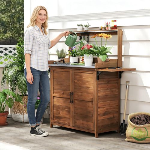 Armoire Jardin En Bois, table De rempotage Avec Plateau Métallique Étagères Latérales, marron