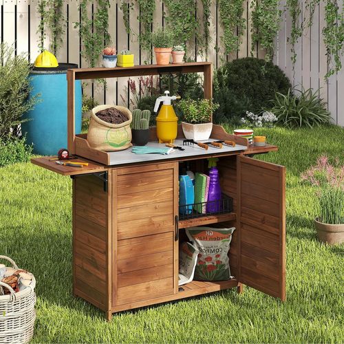 Armoire Jardin En Bois, table De rempotage Avec Plateau Métallique Étagères Latérales, marron