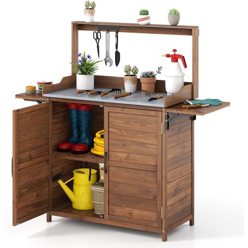 Armoire Jardin En Bois, table De rempotage Avec Plateau Métallique Étagères Latérales, marron