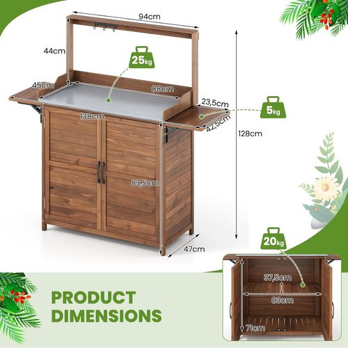 Armoire Jardin En Bois, table De rempotage Avec Plateau Métallique Étagères Latérales, marron
