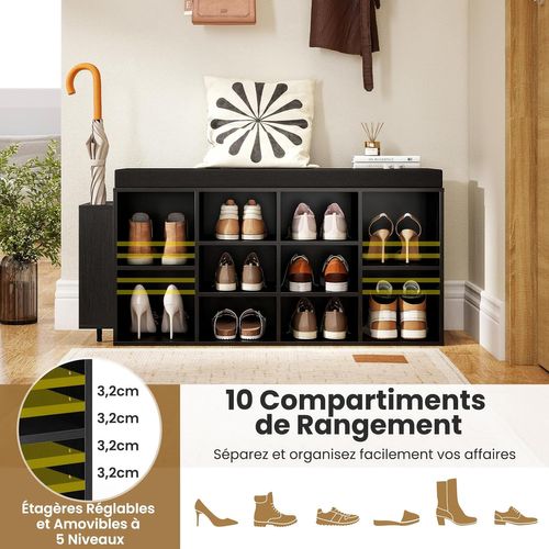 Banc Chaussures Entrée Avec Porte-parapluie,banc De Rangement Avec Coussin, 10 Compartiments(noir)