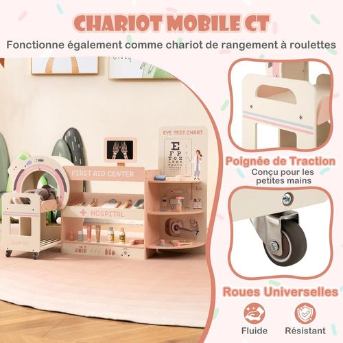 Centre Médical Enfant En Bois Avec Machine Ct Mobile,cabinet Médical Jouet Pour 3+ Ans (rose)