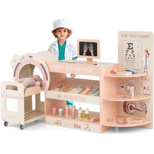 Centre Médical Enfant En Bois Avec Machine Ct Mobile,cabinet Médical Jouet Pour 3+ Ans (rose)