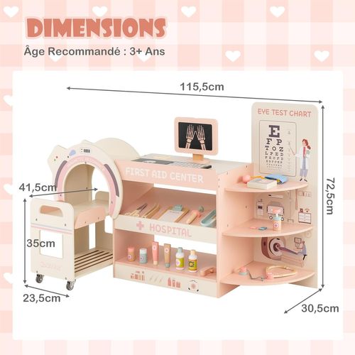 Centre Médical Enfant En Bois Avec Machine Ct Mobile,cabinet Médical Jouet Pour 3+ Ans (rose)