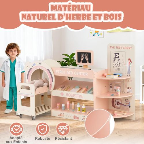 Centre Médical Enfant En Bois Avec Machine Ct Mobile,cabinet Médical Jouet Pour 3+ Ans (rose)