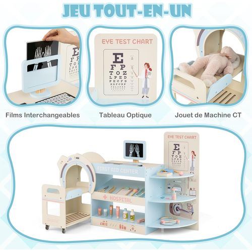 Centre Médical Enfant En Bois Avec Machine Ct Mobile,cabinet Médical Jouet Pour 3+ Ans (bleu)
