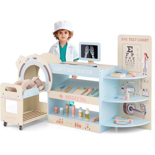 Centre Médical Enfant En Bois Avec Machine Ct Mobile,cabinet Médical Jouet Pour 3+ Ans (bleu)