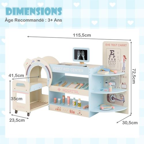 Centre Médical Enfant En Bois Avec Machine Ct Mobile,cabinet Médical Jouet Pour 3+ Ans (bleu)