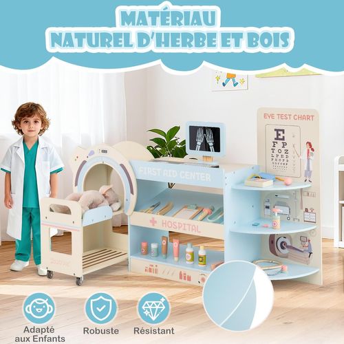 Centre Médical Enfant En Bois Avec Machine Ct Mobile,cabinet Médical Jouet Pour 3+ Ans (bleu)