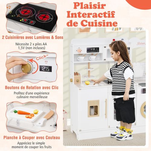 Cuisine Enfant En Bois Avec Lumière et Effet Sonore, Jeu De Cuisine Avec 25 Accessoires (blanc)