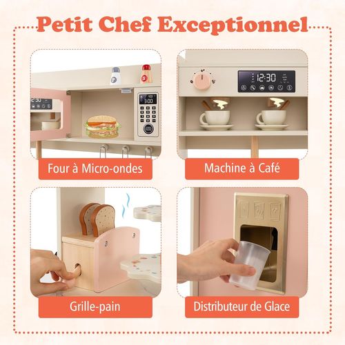 Cuisine Enfant En Bois Avec Lumière et Effet Sonore, Jeu De Cuisine Avec 25 Accessoires (rose)