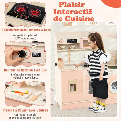 Cuisine Enfant En Bois Avec Lumière et Effet Sonore, Jeu De Cuisine Avec 25 Accessoires (rose)