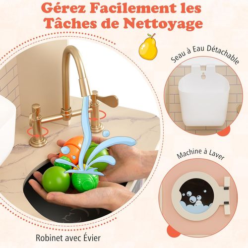 Cuisine Enfant En Bois Avec Lumière et Effet Sonore, Jeu De Cuisine Avec 25 Accessoires (rose)