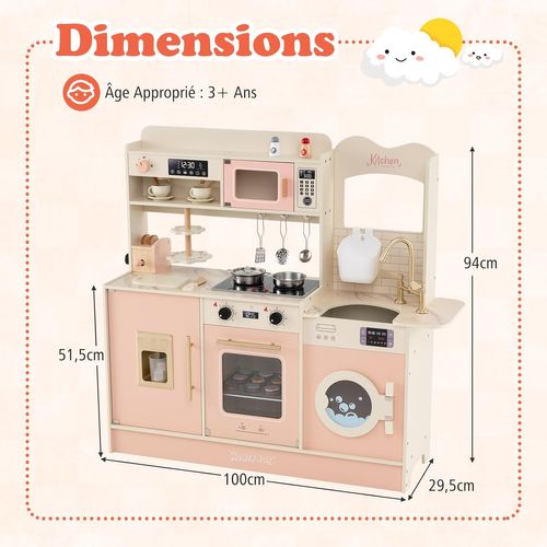 Cuisine Enfant En Bois Avec Lumière et Effet Sonore, Jeu De Cuisine Avec 25 Accessoires (rose)