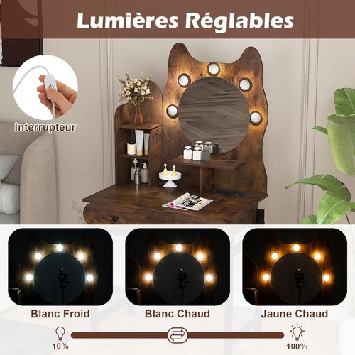 Coiffeuse Avec Miroir En Forme De Chat, 3 Modes D'éclairage, Luminosité Réglable(industriel+noir)