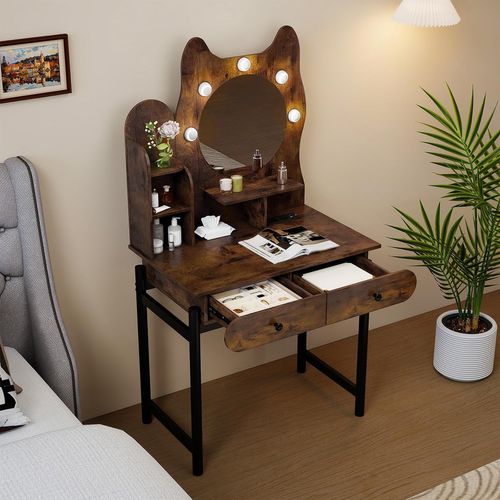 Coiffeuse Avec Miroir En Forme De Chat, 3 Modes D'éclairage, Luminosité Réglable(industriel+noir)