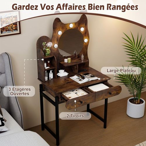 Coiffeuse Avec Miroir En Forme De Chat, 3 Modes D'éclairage, Luminosité Réglable(industriel+noir)