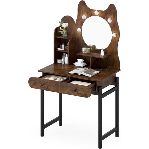 Coiffeuse Avec Miroir En Forme De Chat, 3 Modes D'éclairage, Luminosité Réglable(industriel+noir)